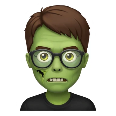Green zombie, brown hair, black glasses, black shirt. iOS style. sticker