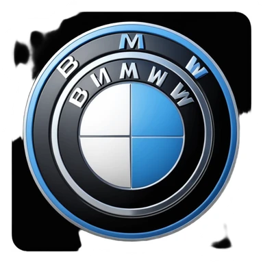 A clean, circular car logo inspired by BMW, with a black outer ring, inner circle divided into four equal quadrants, alternating blue and white colors, bold white letters on the black ring, glossy finish, minimal background, high resolution, professional automotive logo style sticker