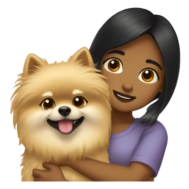 Girl hugging pomeranian. The girl has black hair and medium skin. The pomeranian has fluffy fur and it’s beige. sticker