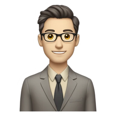 Full height Pale skinned Fit Man With dark brown hair in classic gray suit, beige office shirt, dark gray tie, and vintage glasses. His right hand is directed up sticker