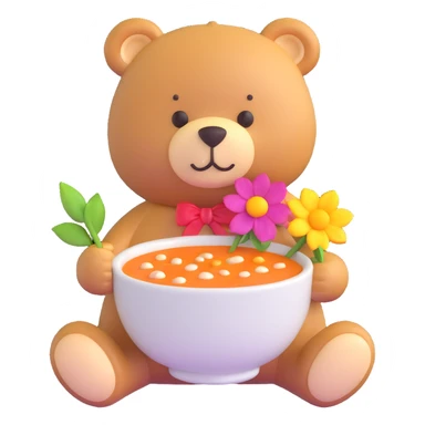teddy bear with soup and flower sticker