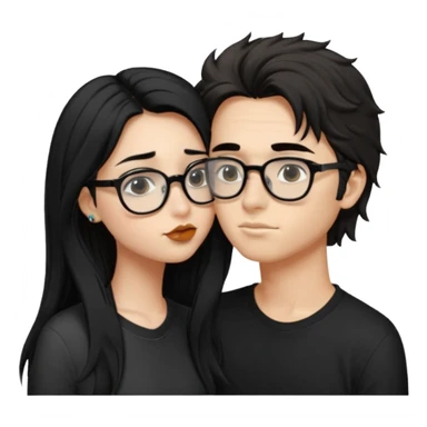 Un garçon avec les cheveux brin très clair ébouriffés, qui embrasse une fille avec les cheveux noir long et lisse , qui a des traits d’eye-liner et des lunettes noir avec un piercing au nez sticker