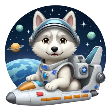 furry white coat husky in full battle gear posing cutely on a space cruiser sticker