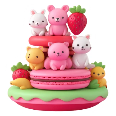 A 3D iOS style emoji of a pink macaron with a strawberry on top and three cute animals peeking out from between the layers. The macaron should have a glossy finish and soft shadows, with a light blue background and small yellow stars scattered around. sticker