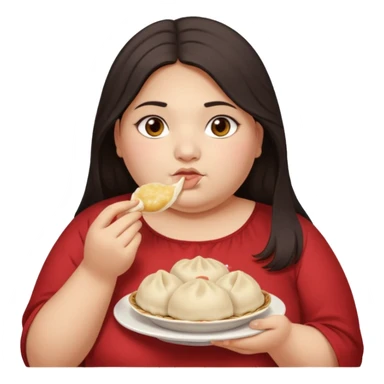 Can you create an emoji of a half Indian - half white 23 year old girl with dark brown mid length hair and brown eyes who is super obese and eating a dumpling sticker
