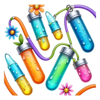 Create an icon that represents decorative arts using epoxy resin. The design should feature colorful tubes of resin, including fluorescent resin tubes, with visible drops or strokes of resin being applied to create intricate designs. Include finished resin jewelry pieces, such as pendants or rings, containing preserved flowers and insects encased in clear resin. The composition should feel vibrant, artistic, and delicate, showcasing the unique beauty of resin art with natural elements. The background should be transparent sticker