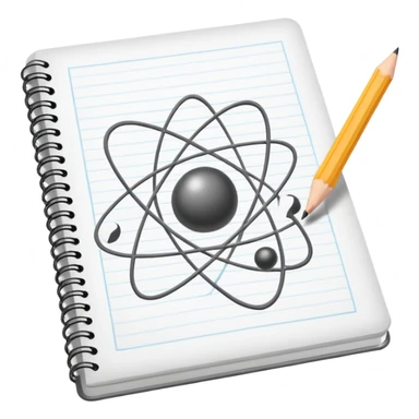 open notebook with an atom symbol on the page sticker