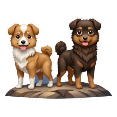 two dogs with wavy hair, one black and brown, one shades of brown with mountains sticker