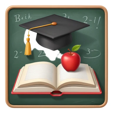 An icon featuring an open book, a chalkboard with lesson plans, and a pencil, symbolizing education and pedagogy. The design includes an apple and a graduation cap, representing teaching and learning. Transparent background highlights the growth and development in education. sticker
