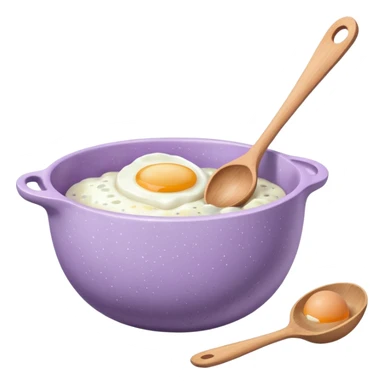 a lilac ceramic mixing bowl with a wooden spoon stirring and sitting next to it is a few eggs sticker