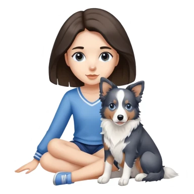 A girl sits with a Blue and white border collie sticker