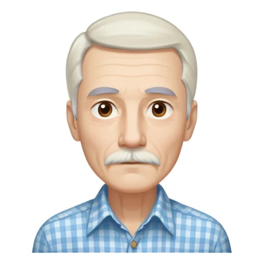 Skinny man in his 70s with fair skin. Long narrow face. Gentle light brown eyes. Long, flowing straight white hair reaching past shoulders, with light bangs. Thin eyebrows. White goatee connected to mustache. Slender appearance. Wearing a light blue and beige checkered button-up shirt. sticker