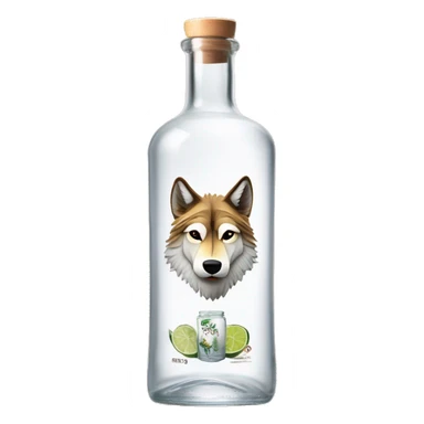 A tequila blanco classic transparent long cylindrical bottle with a wolf on top of the label, "Lopez" on the middle, and agave plants on the bottom of the label. Only the cap is made of light wood sticker