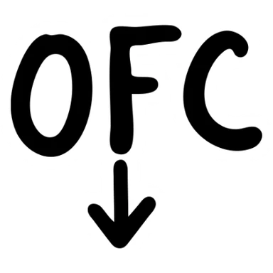 Letters OFC with a downward arrow underneath sticker