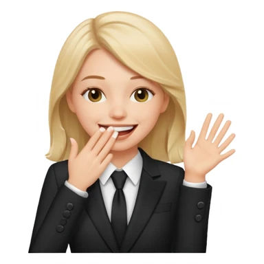 a white girl in a formal suit laughs, covers his mouth with his hand sticker