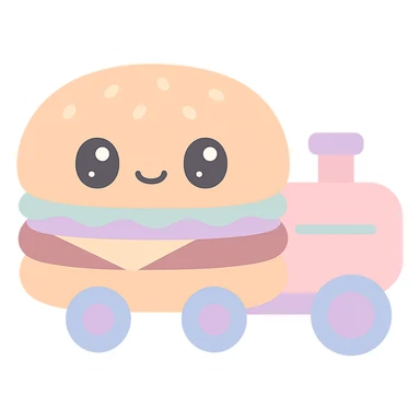 a single train car shaped like a kawaii cheeseburger, cute face, pastel colors, adorable and friendly sticker