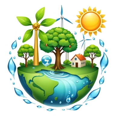 An icon featuring a green Earth, a tree, recycling symbols, and renewable energy sources like wind turbines, solar panels, and hydropower. The design includes animals, water droplets, and the sun, representing ecology, sustainable energy, and environmental protection. Transparent background. sticker