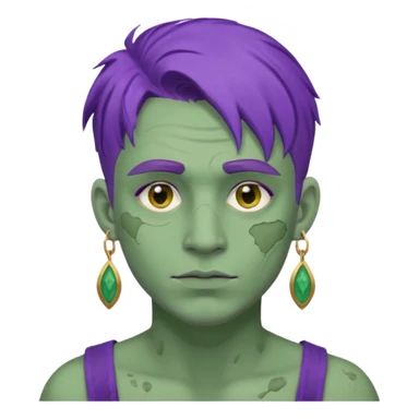 purple haired man with full full face dirty messy green clay mask and earrings sticker