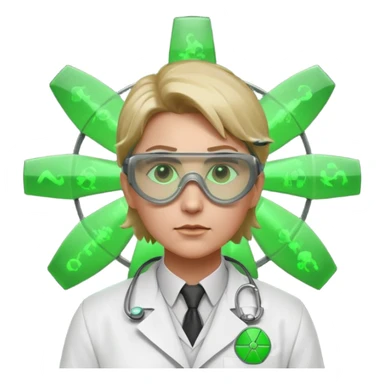 nuclear scientist portrait, head and shoulders only, wearing lab coat collar, protective goggles, glowing green radiation symbol badge, serious expression, sci-fi laboratory vibe, 3D cartoon, mobile game icon style, clean background, no text, no watermark
 sticker