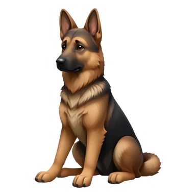 cinematic-[german shepherd]-realistic-full-body-sitting-emoji,-tail-resting-loosely-beside-its-paws,-head-tilted-dramatically,-sleek-[brown and black]-fur,-simplified-yet-realistic-focused-features,-highly-detailed,-glowing-with-an-almost-sarcastic-glow sticker