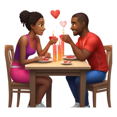 Emoji of a sporty couple, a man and a woman in athletic outfits, sitting at a romantic candlelit dinner table, with Valentine's Day hearts around them. sticker