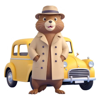 beaver in a trench coat and hat, leaning against a vintage car, gangster theme sticker
