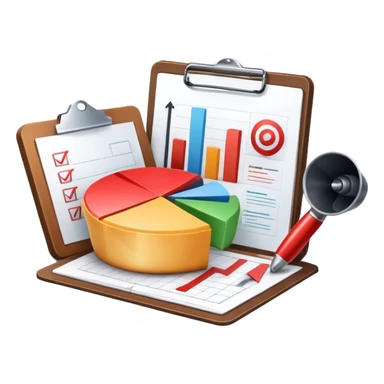 An icon featuring a pie chart, a clipboard with a checklist, and a megaphone, symbolizing management and marketing. The design includes upward-trending graphs and a target with an arrow, representing strategy and success. Transparent background highlights business organization and promotion. sticker