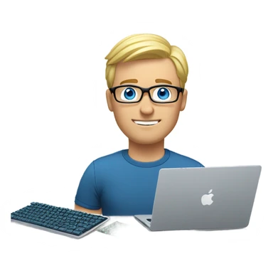 man looks 35 classes, european, tech nerd love , blue shirt blond short hair, blue eyes with specs behind macbook on with electronics pcb on the desk sticker