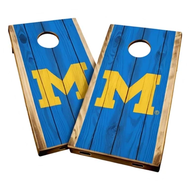 Cornhole board blue and yellow with Michigan “M” sticker