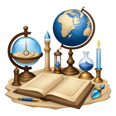 An icon featuring ancient scrolls, a quill pen, and large, old-fashioned sand clocks, symbolizing the study of history. The design includes a globe and a timeline with significant historical events, set against ruins to evoke past civilizations. Transparent background highlights the passage of time. sticker