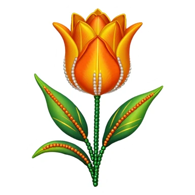 french beaded tulip, floral craft, sparkling glass beads, orange and yellow gradient petals, green foliage, realistic, elegant, no background sticker
