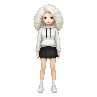 Female with slim hourglass figure, white big hair, wearing white sweatshirt, black skirt, and white shoes, full body pose sticker