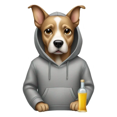 Dog wearing a grey hoodie holding a tequila bottle sticker