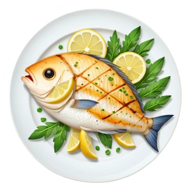 Draw a grilled fish fillet on a plate with lemon slices & herbs. sticker