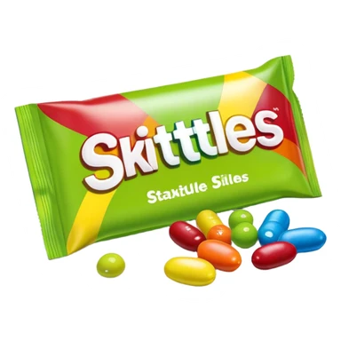 Regular rainbow-colored Skittles package with the standard logo and design, but only lime green Skittles candies spilling out sticker