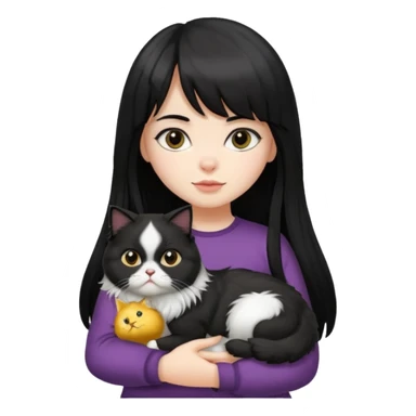 a girl with nearly black long hair and bangs, carrying a fluffy black and white Persian cat sticker
