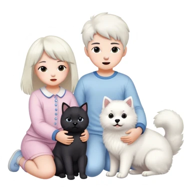children in pastel clothes play with a Samoyed and a black British cat sticker