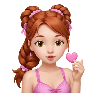 A cute ukrainian girl, with long auburn hair two side ponytails plaited, in her pink bathing costume, she's blowing a kiss. sticker