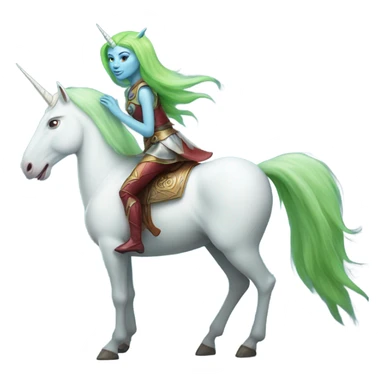 [
	{ a light green Amazon alien woman [ with red hair, with blue eyes]} 
	on a 
	[{ unicorn: white, legged:six, mane: light blue }] sticker