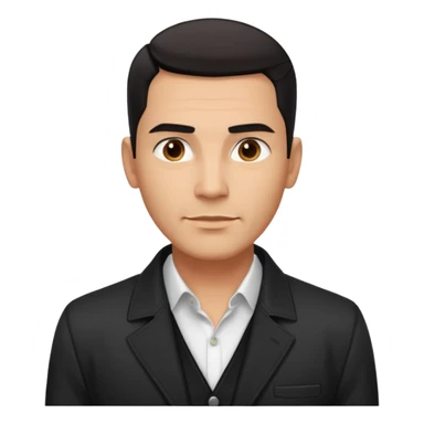 Attractive Hispanic TV host in his mid to late 40s with light brown skin, short straight black hair slicked back with fade on sides, square handsome face with strong jawline, friendly approachable expression, wearing open black jacket revealing white buttoned shirt underneath sticker