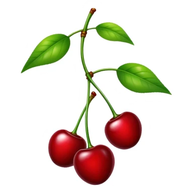 A pair of glossy red cherries with green stem and leaf sticker