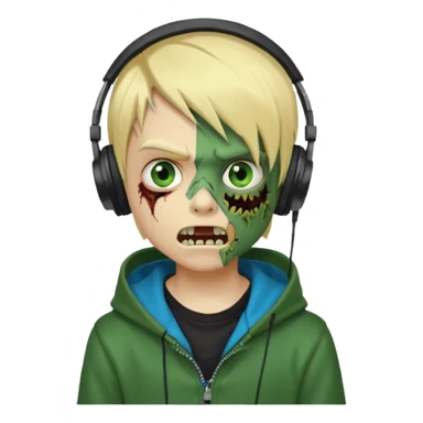 boy zombie whit blonde emo hair and eyes blue and GREEN SKIN and heandphones black AND A MICROFONE AND GOLD TEETH and agesive face and the hoodie black  sticker