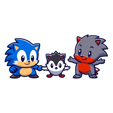 Sonic the blue hedgehog, Shadow the black and red hedgehog, and baby Silver the white hedgehog holding hands together in a line sticker