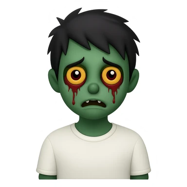 Add green skin to the spooky zombie boy with black shaggy emo hair, creepy expression, wearing a white shirt, no background, in emoji style. sticker