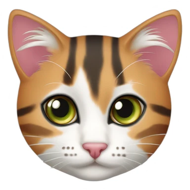 young striped calico cat face with a pink nose, white chin, green eyes, and orange/brown markings sticker