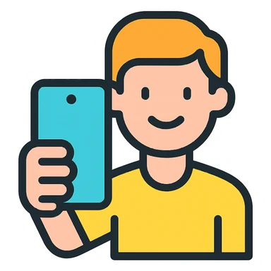 stylized selfie icon with a person, a phone, and a friendly expression, modern icon style sticker