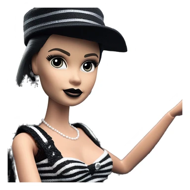 Bouclé Beauty Lingerie Barbie, Wednesday Addams from academy, in dark-gray and black striped outfit with hat. Driving 1965 Mercedes 190 sticker