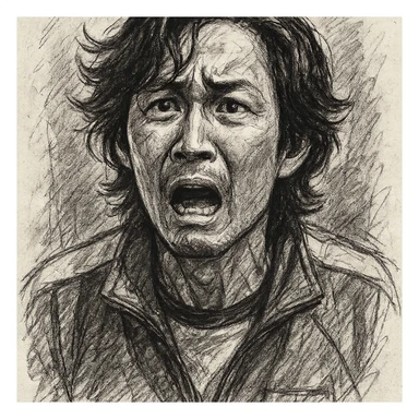 Squid Game Season 2 character, individual portrait, black and white, no color, pencil sketch style, dramatic expression sticker