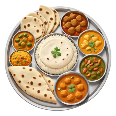 Indian food thali with curry, naan bread, and rice sticker