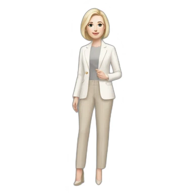 Full height pale skin woman with ash blonde Straightened bob Hair, White Spacious classical jacket, beige Arrow pants and gray blouse holding a color palette in the hands sticker